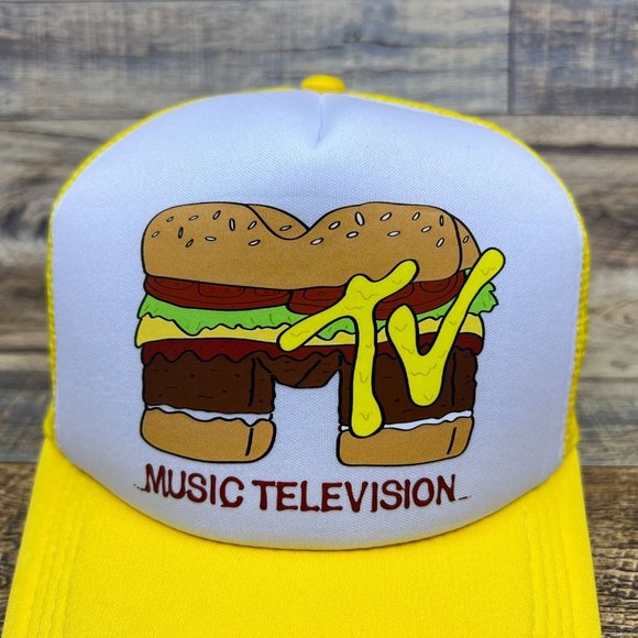 MTV Hamburger Mens Trucker Hat Yellow Snapback 80s Retro Logo Baseball Cap - Picture 3 of 8